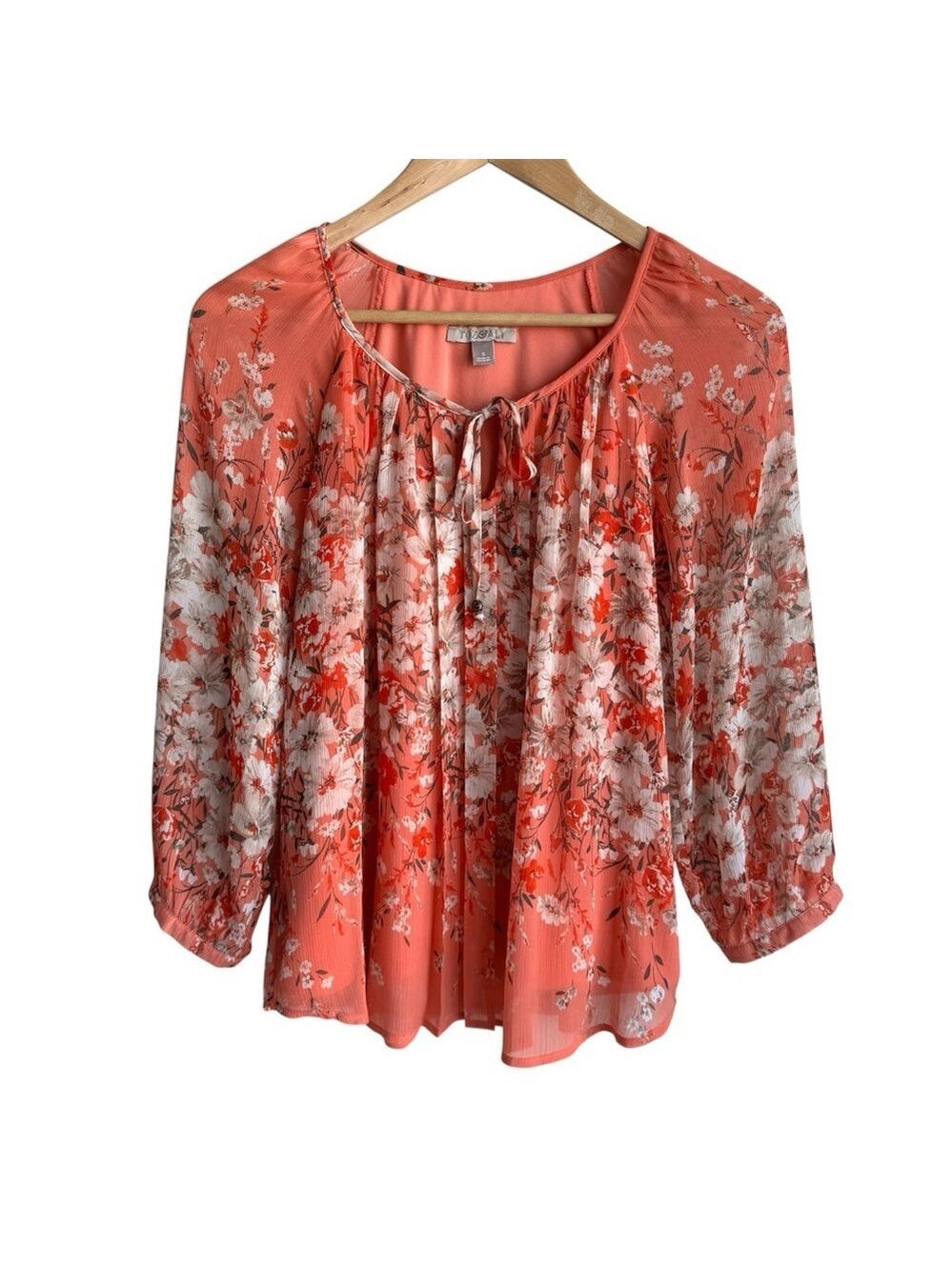 Roz & Ali Breezy Floral Top Sz S Peach 3/4 Sleeve Blouse Classy Boho Spring EUC